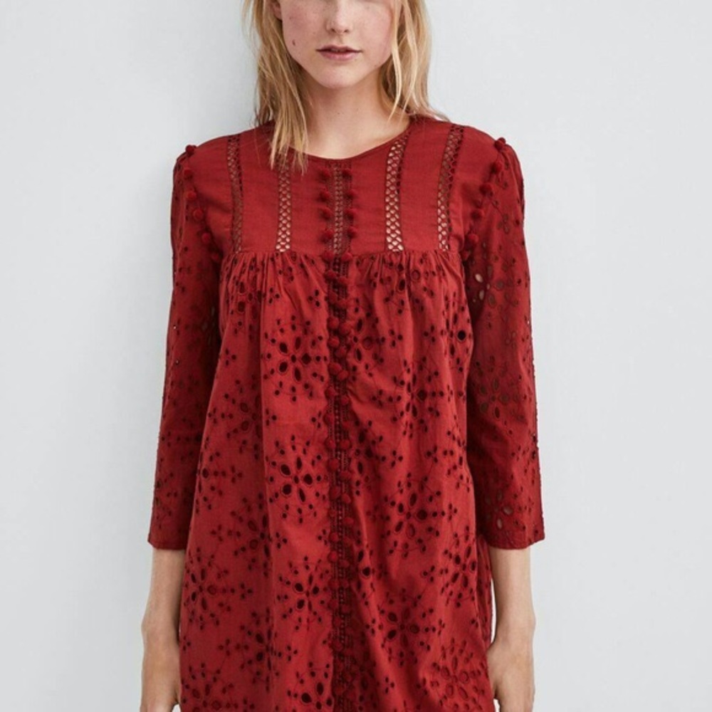 ZARA TRF Red Pom Pom Eyelet Dress